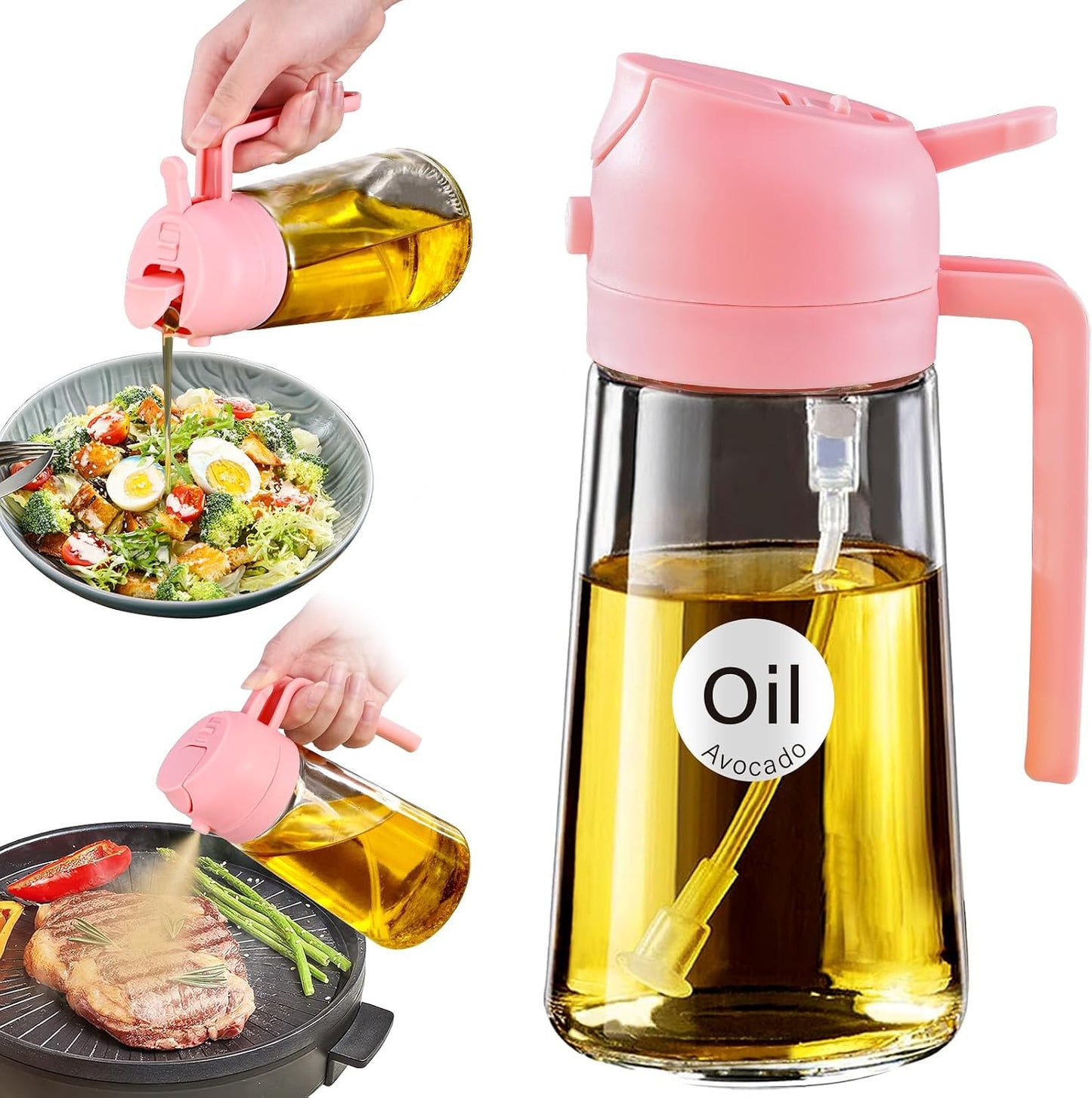 YARRAMATE 16 oz 2-in-1 Glass Olive Oil Sprayer for Cooking, Black | Food-grade dispenser bottle, 470 ml, spray and pour, portion control, stickers included, for salad, frying and BBQ
