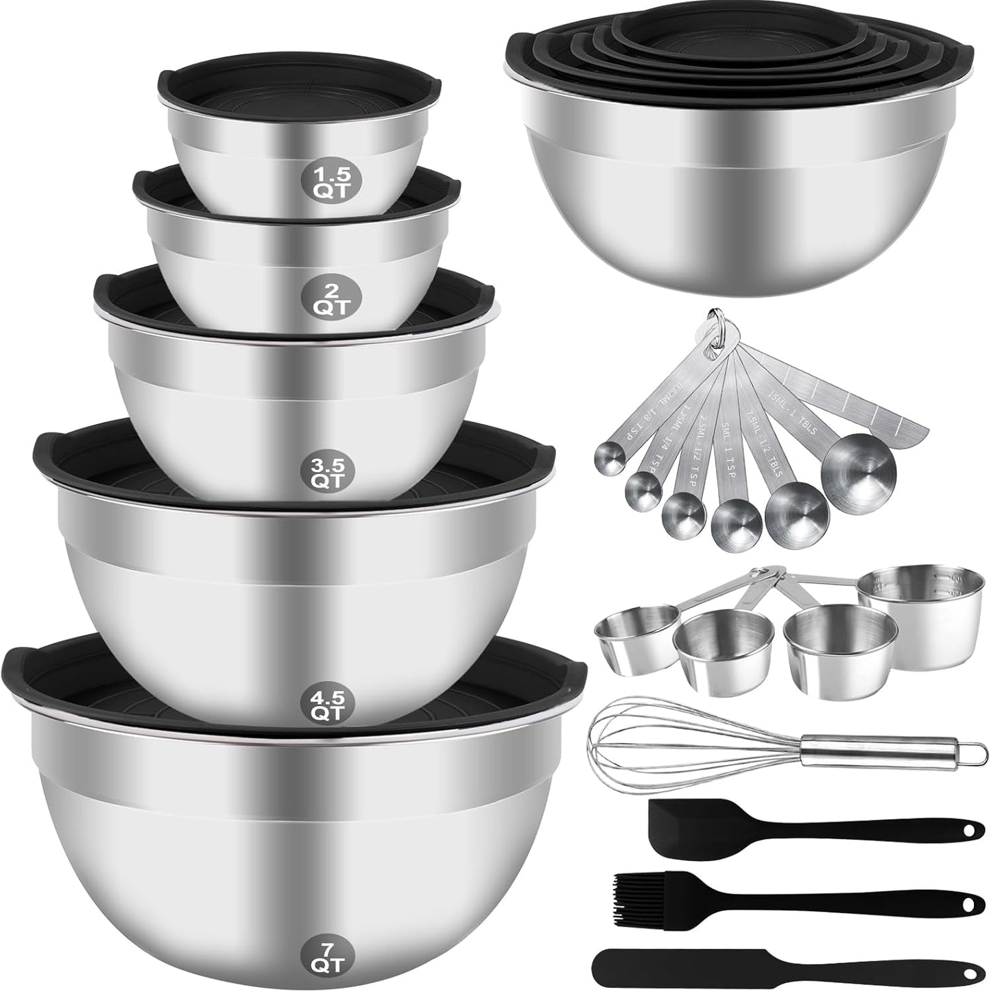 WEPSEN 5-Speed Electric Hand Mixer, 4 Large Mixing Bowls Set, Handheld Mixers with Whisks Beater, Stainless Steel Metal Nesting Bowl Measuring Cups Spoons Kitchen Cake Blender for Baking Supplies