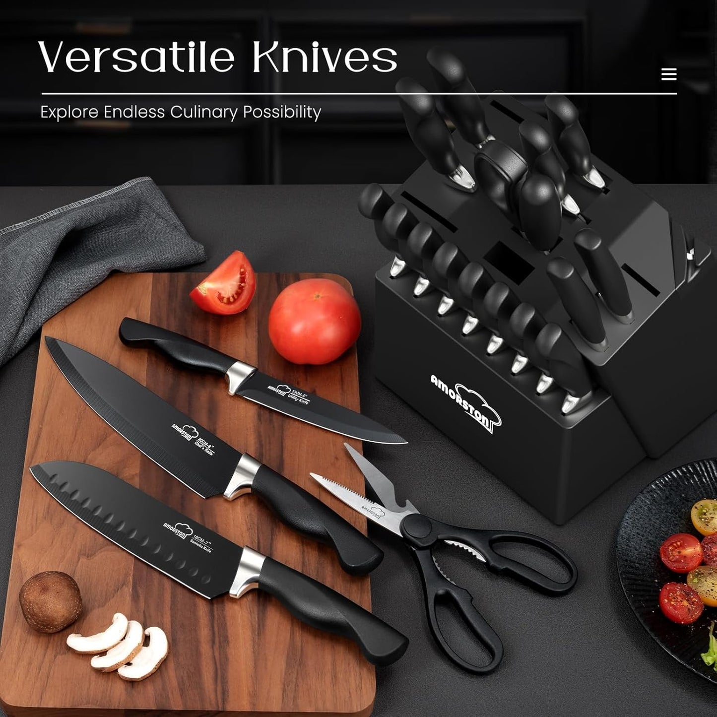 Knife Set, Amorston 21 Pieces Kitchen Knife Set with Block and Sharpener, Ultra-Sharp Knives Set with Ergonomic Handles, Black German Stainless Steel Knife Block Set, Dishwasher Safe
