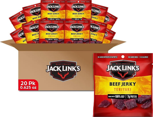 Jack Link's Teriyaki Beef Jerky Multipack, 20 packs, 0.625 oz bags, 7g protein per serving