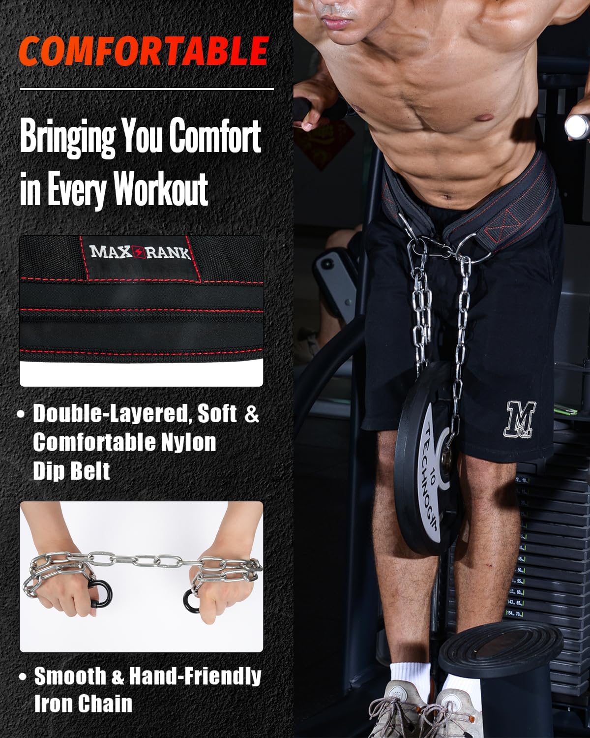 Dip Belt With 37-40" Chain, 550-650lbs Capacity, Weightlifting Belt for Dips & Pullups