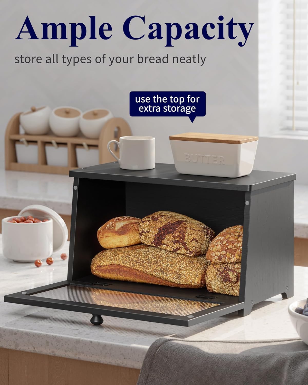 Kitsure Wooden Bread Box for Kitchen Countertop, 1-Tier, Black | Large Capacity Kitchen Countertop Organizer, Stylish Bread Storage with Window, Multi-functional Container