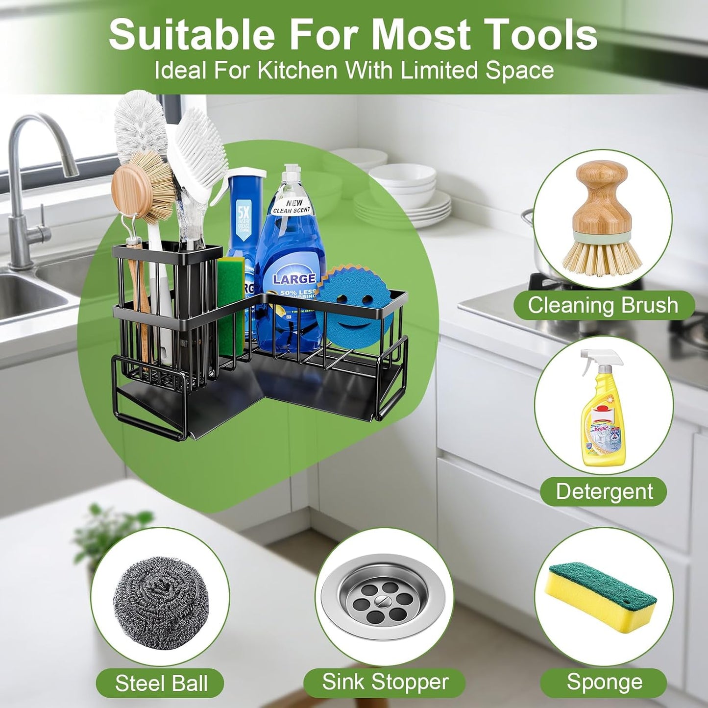 Fikoksol Large Sponge Holder for Kitchen Sink, 90-Degree Sink Caddy Storage | Self Draining Sponge Rack for Countertop, Metal L-Shaped Dish Soap Organizer with Brush Holder, Corner Sink Storage Ideas