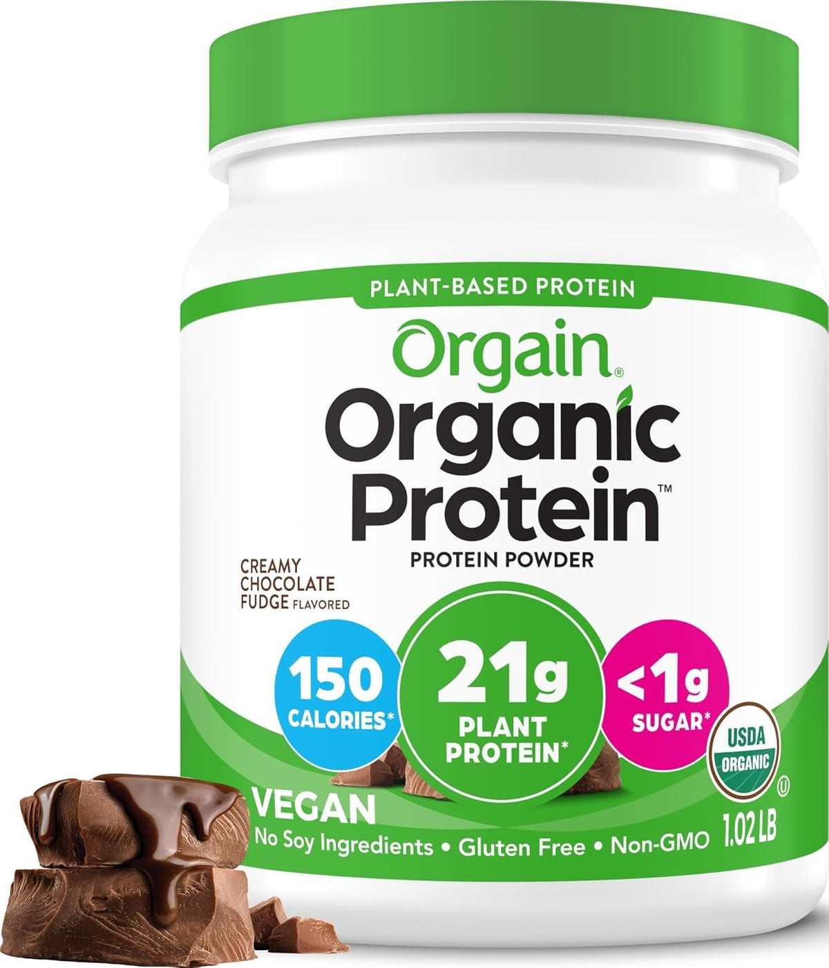 Orgain Organic Vegan Protein Powder, Creamy Chocolate Fudge - 21g Plant Protein, 7g Prebiotic Fiber, Low Net Carb, No Lactose Ingredients, No Added Sugar, Non-GMO, For Shakes & Smoothies, 1.02 lb