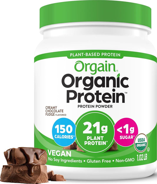 Orgain Organic Vegan Protein Powder, Creamy Chocolate Fudge - 21g Plant Protein, 7g Prebiotic Fiber, Low Net Carb, No Lactose Ingredients, No Added Sugar, Non-GMO, For Shakes & Smoothies, 1.02 lb