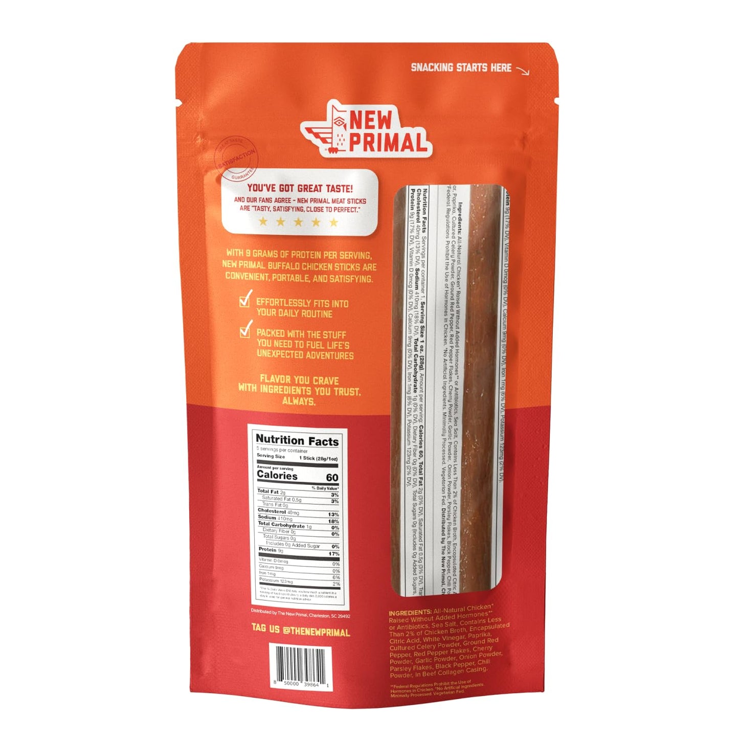 New Primal Buffalo Chicken Sticks, 5 Pack, Keto, Gluten Free, 9g Protein