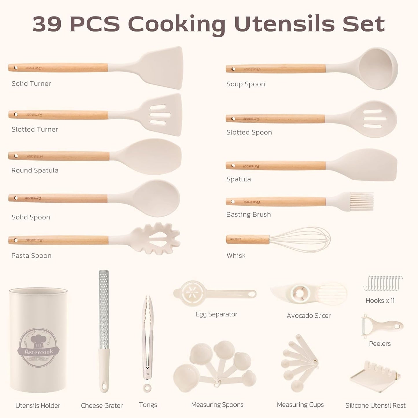 Astercook Kitchen Utensils set, 39 PCS Silicone Cooking Utensils Set with Wooden Handle, 446°F Heat Resistant Food Grade Utensil Sets, BPA Free Kitchen Gadgets Tools Set for Nonstick Cookware (Cream)