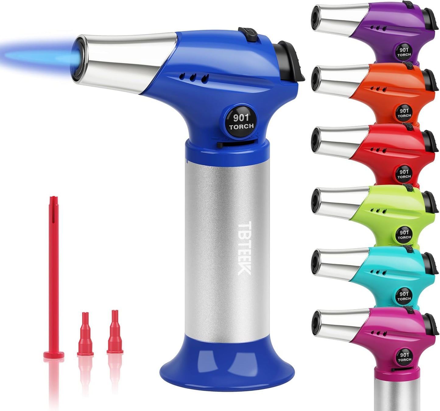 TBTeek Kitchen Butane Torch with Safety Lock for Baking, Crafts & Steak | 2500°F Adjustable Continuous Flame, One-Button Piezo Ignition, Ergonomic Comfort Grip, 3 refill adapters(Butane Not Included)