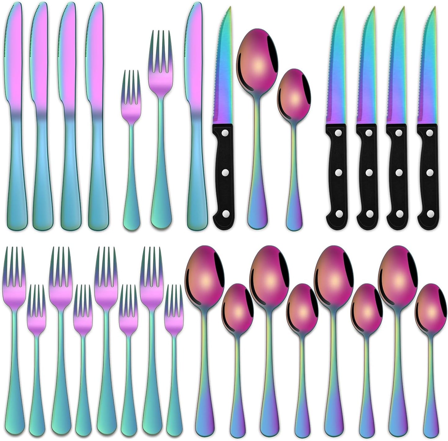 24-Piece Silverware Set with Steak Knives,Flatware Set Service for 4 Person, Food-Grade Stainless Steel Cutlery Set,Includes Knife Spoon And Fork, Mirror Finished Utensil Sets for Home Restaurant