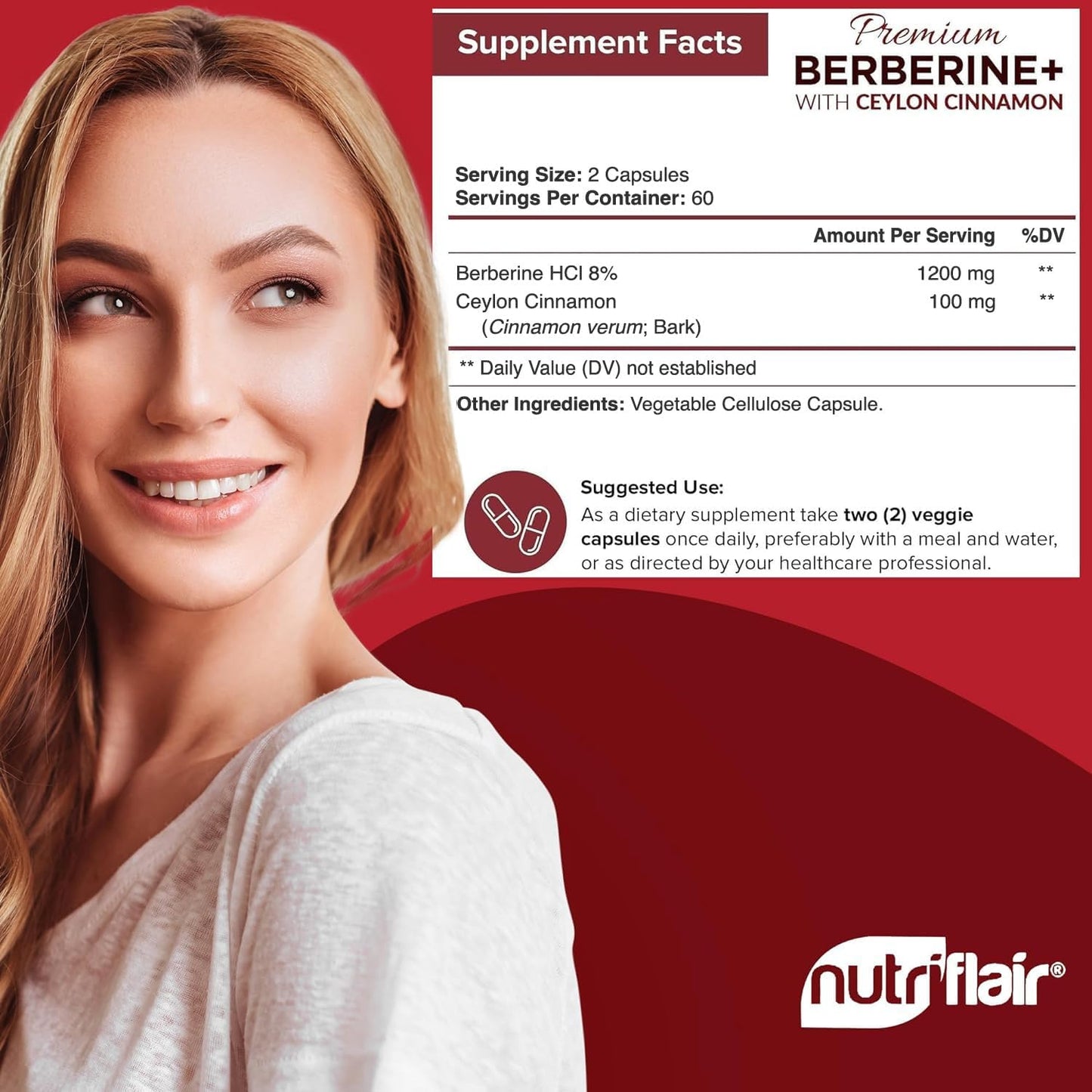 NutriFlair Premium Berberine HCL 1200mg, 120 Capsules - Plus Pure True Ceylon Cinnamon, Berberine HCI Root Supplements Pills - Immune System - Made in USA