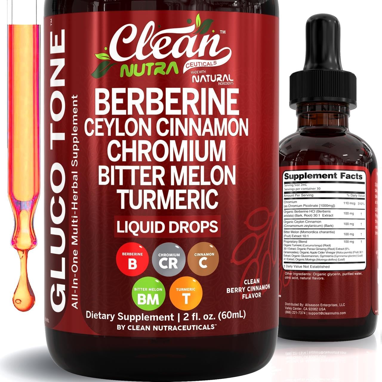 Clean Nutra Berberine with Ceylon Cinnamon Supplement Liquid Drops + Bitter Melon Extract, Glucomannan, Gymnema, Chromium, Turmeric, Organic Panax Ginseng, Moringa