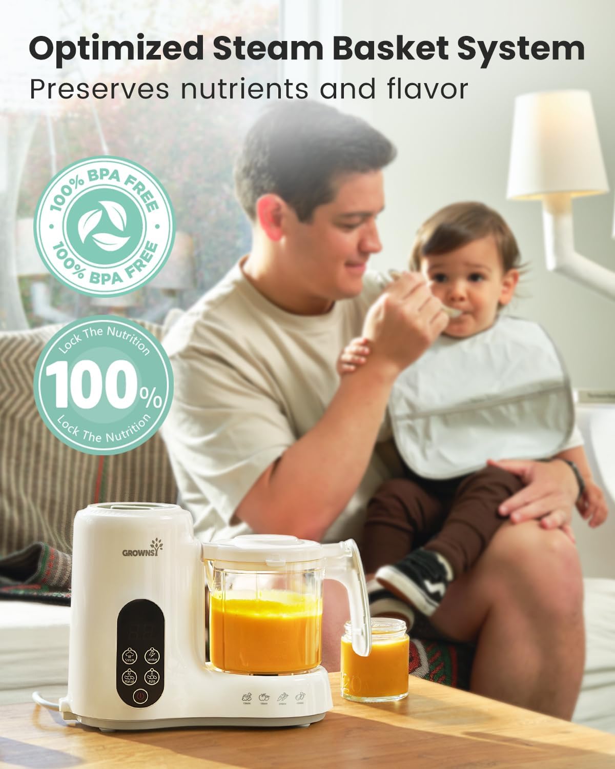 Grownsy Baby Food Maker, Steamer & Blender Baby Food Processor, White | BPA-Free Elevated Steam Basket, Healthy Homemade Baby Food Purees, Starting Solids & BLW, Baby Feeding Essentials, 6+ Months