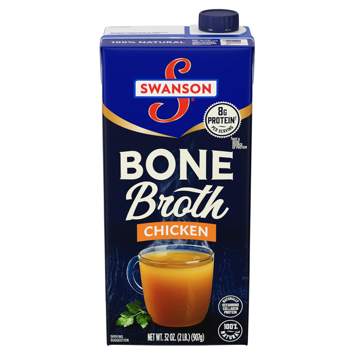 Swanson S Chicken Bone Broth, 32 oz Carton, 100% Natural, Non-GMO, 8g Protein Per Cup