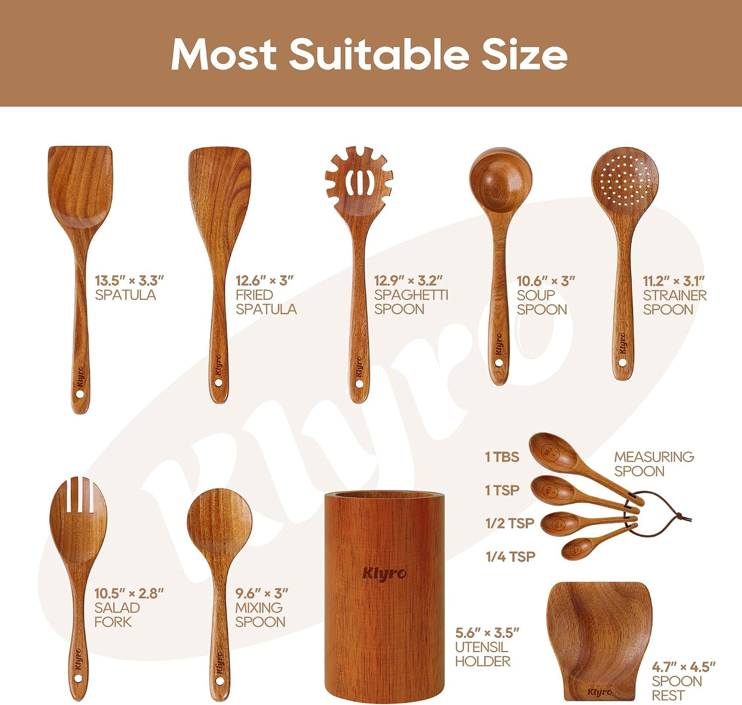KLYRO Wooden Spoons for Cooking, Nonstick Kitchen Utensils Set with 4 Piece Measuring Spoons, Comfort Grip Wooden Spatula Set, 9 Piece Teak Wooden Cooking Utensils with Holder and Spoon Rest