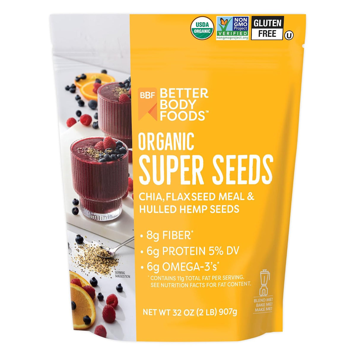 BetterBody Foods Superfood Organic Super Seeds - Chia Flax & Hemp Seeds, Blend of Organic Milled Flax Seed Organic Hemp Hearts, Add to Smoothies Shakes & More, 2lb, 32 oz