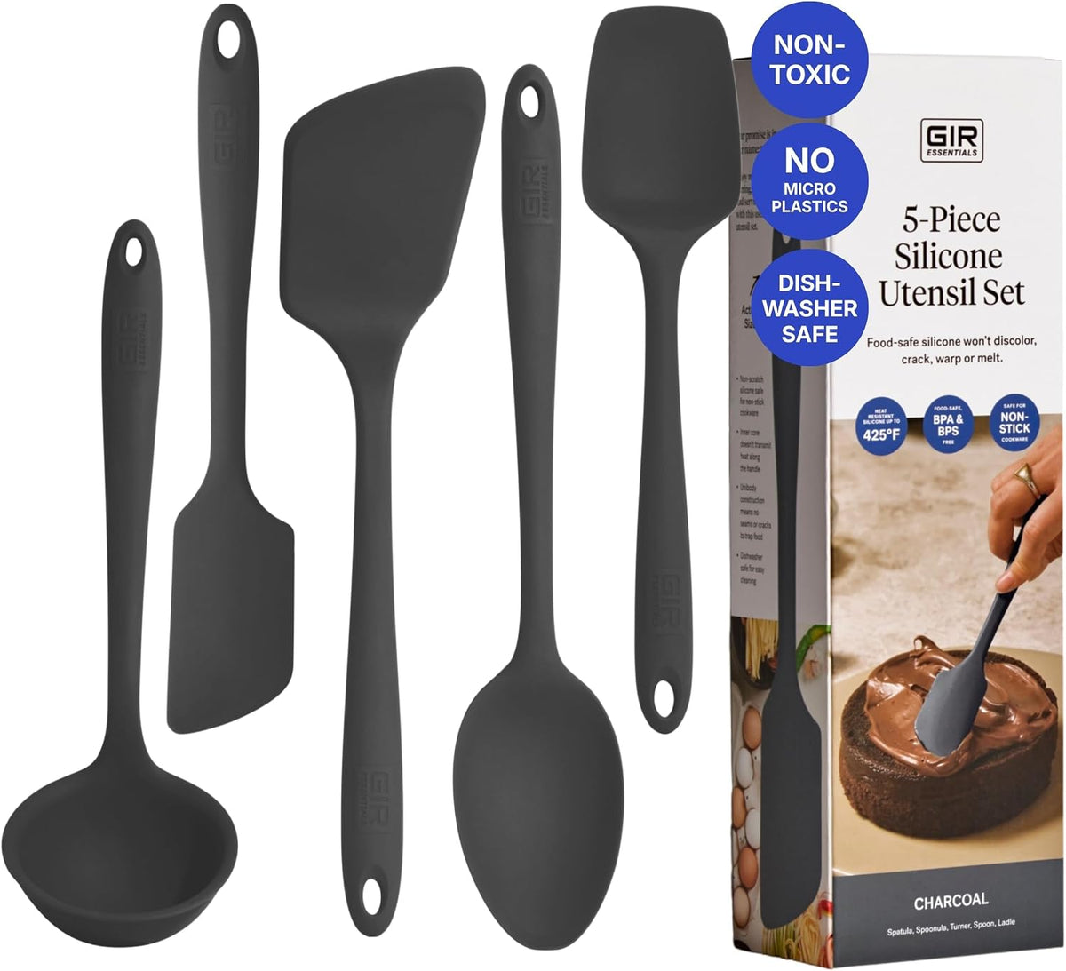 GIR 5-Piece Silicone Kitchen Utensils Set, Non-Toxic Cooking Utensils for Cooking and Baking, Heat Resistant, Food Grade, Dishwasher Safe Rubber Spatula, Ladle, Spoon - Charcoal