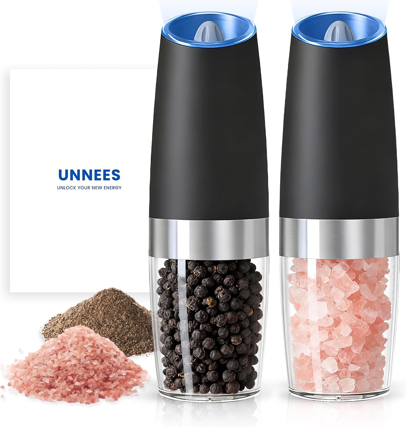 UNNEES Battery Operated Gravity Salt And Pepper Grinder Set, 2 Pcs (Black) | Automatic Salt And Pepper Grinder Set, Adjustable Roughness,12 Batteries Required, Led Light