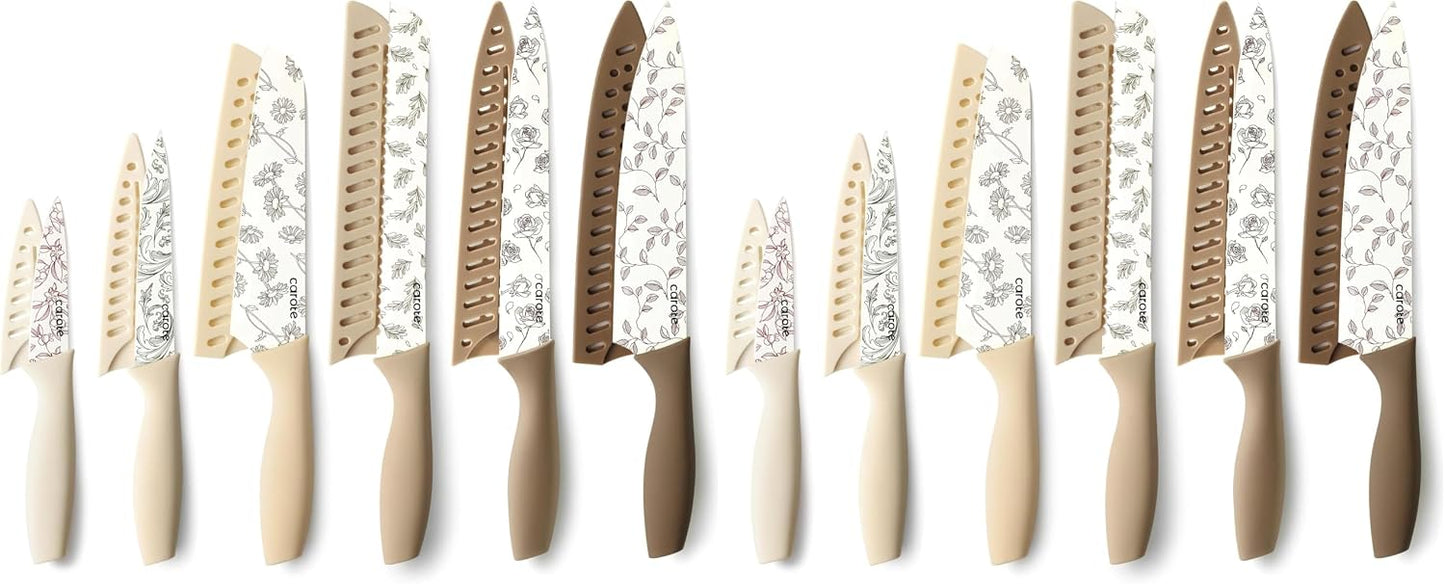 CAROTE Kitchen Knife Set, 6 Floral Knives with 6 Blade Guards, 12-Piece | Stainless Steel Blades, Ceramic Nonstick Coating, Long-Lasting Sharpness, Rust-Resistant, Non-Slip, Dishwasher Safe