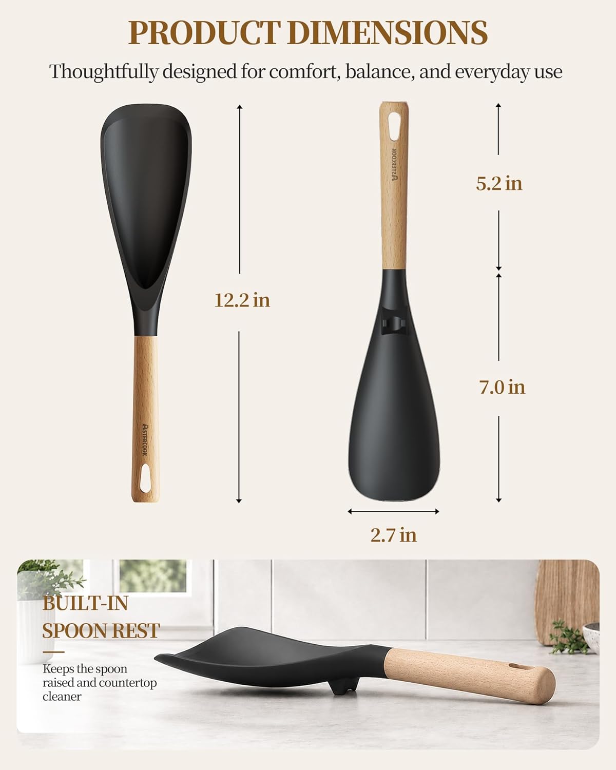 Astercook Cooking Spoon, Nonstick Safe Silicone Spatula with Long Wooden Handles, Heat Resistant, BPA-Free, Built-in Spoon Rest, 2 Pack Spatula Spoon for Stirring, Scooping, Scraping and Serving