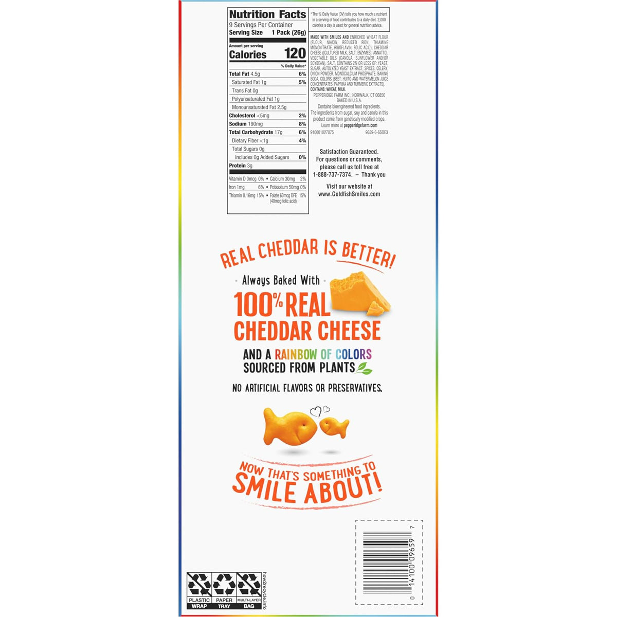Goldfish Colors Cheddar Crackers, Snack Pack, 0.9 oz, 9 CT Multi-Pack Tray