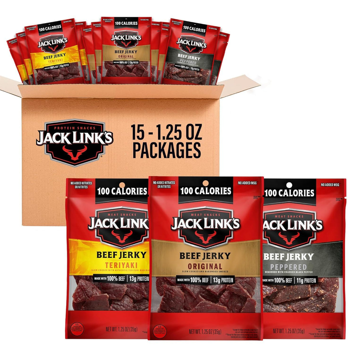 Jack Link's Beef Jerky Variety Pack with 100% Real Beef, 15 Packs, 1.25 oz Bags