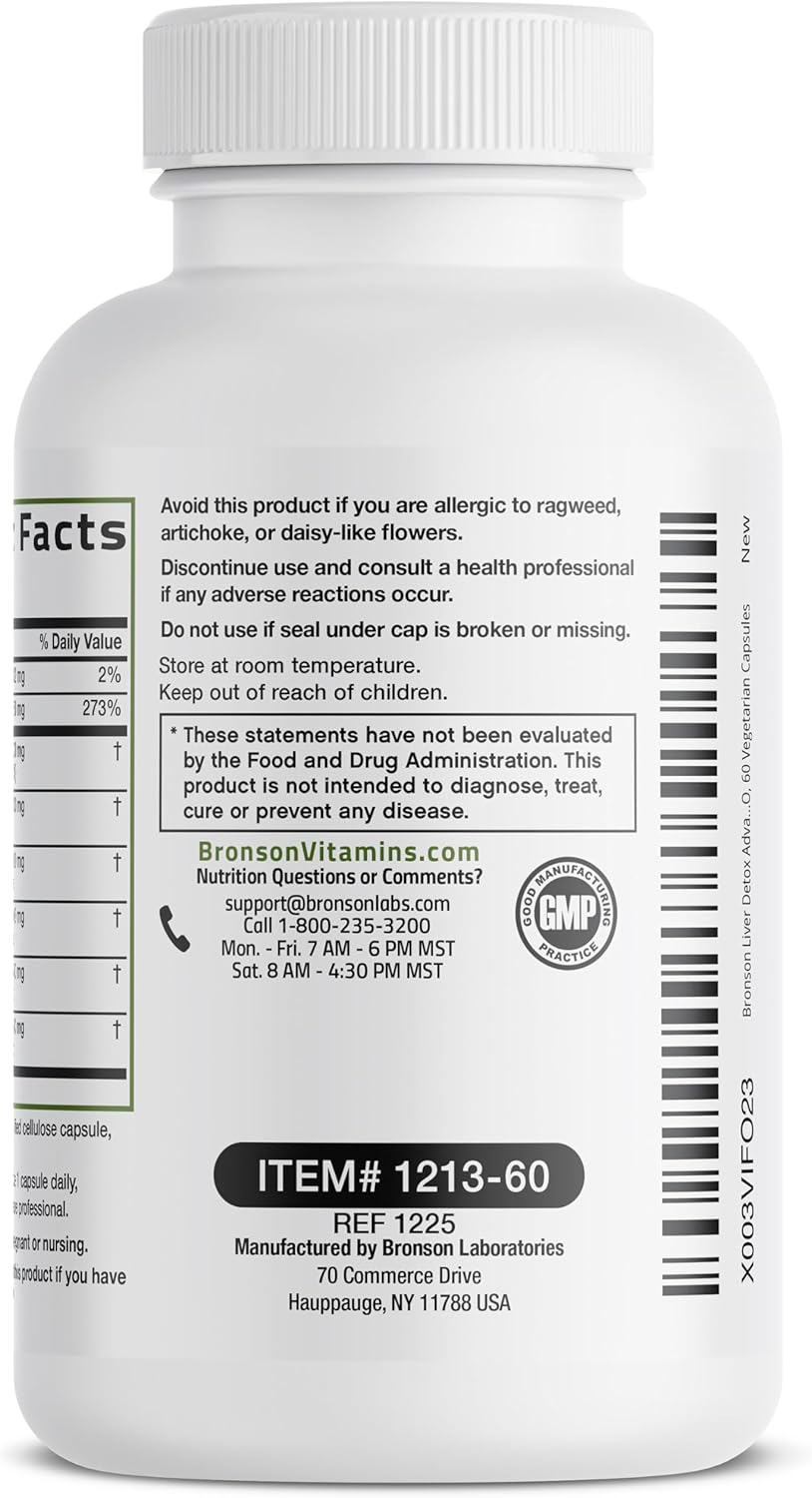 Bronson Liver Detox Advanced Detox & Cleansing Formula Supports Health Liver Function with Milk Thistle, Dandelion Extract, Turmeric, Artichoke Leaf & More, Non-GMO, 60 Vegetarian Capsules