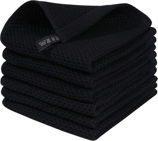 Homaxy 100% Cotton Waffle Weave Kitchen Dish Cloths 6-Pack, Black | 12 x 12 Inches, Ultra Soft Absorbent Dish Towels, Quick Drying Dish Rags with Hanging Loop