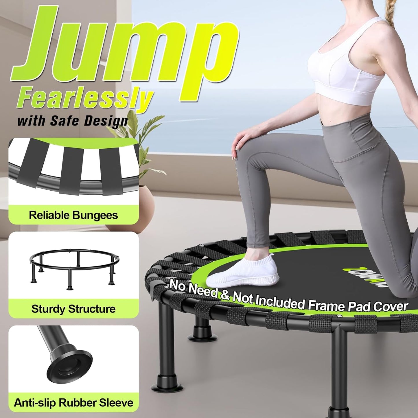 ZCMHAXJ 36/40/48" Foldable Mini Trampoline, 440lbs Capacity, Indoor Fitness Workout Equipment