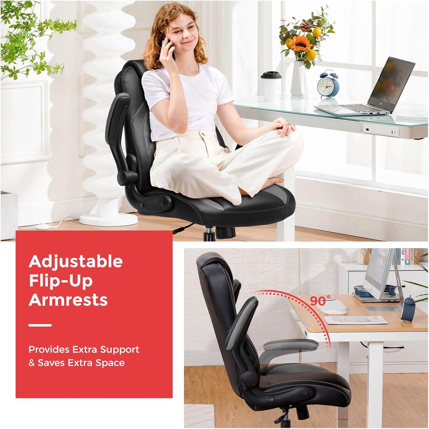 GTRACING Office Computer Gaming Chair Ergonomic Desk Chair for Adults with Lumbar Support Flip-Up Arms Adjustable Height Swivel Wheels PU Leather Executive Design for Short People Use, Gray