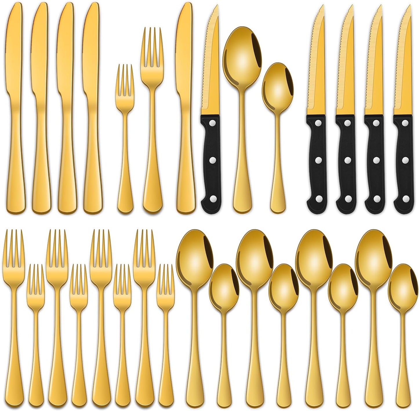 24-Piece Silverware Set with Steak Knives,Flatware Set Service for 4 Person, Food-Grade Stainless Steel Cutlery Set,Includes Knife Spoon And Fork, Mirror Finished Utensil Sets for Home Restaurant