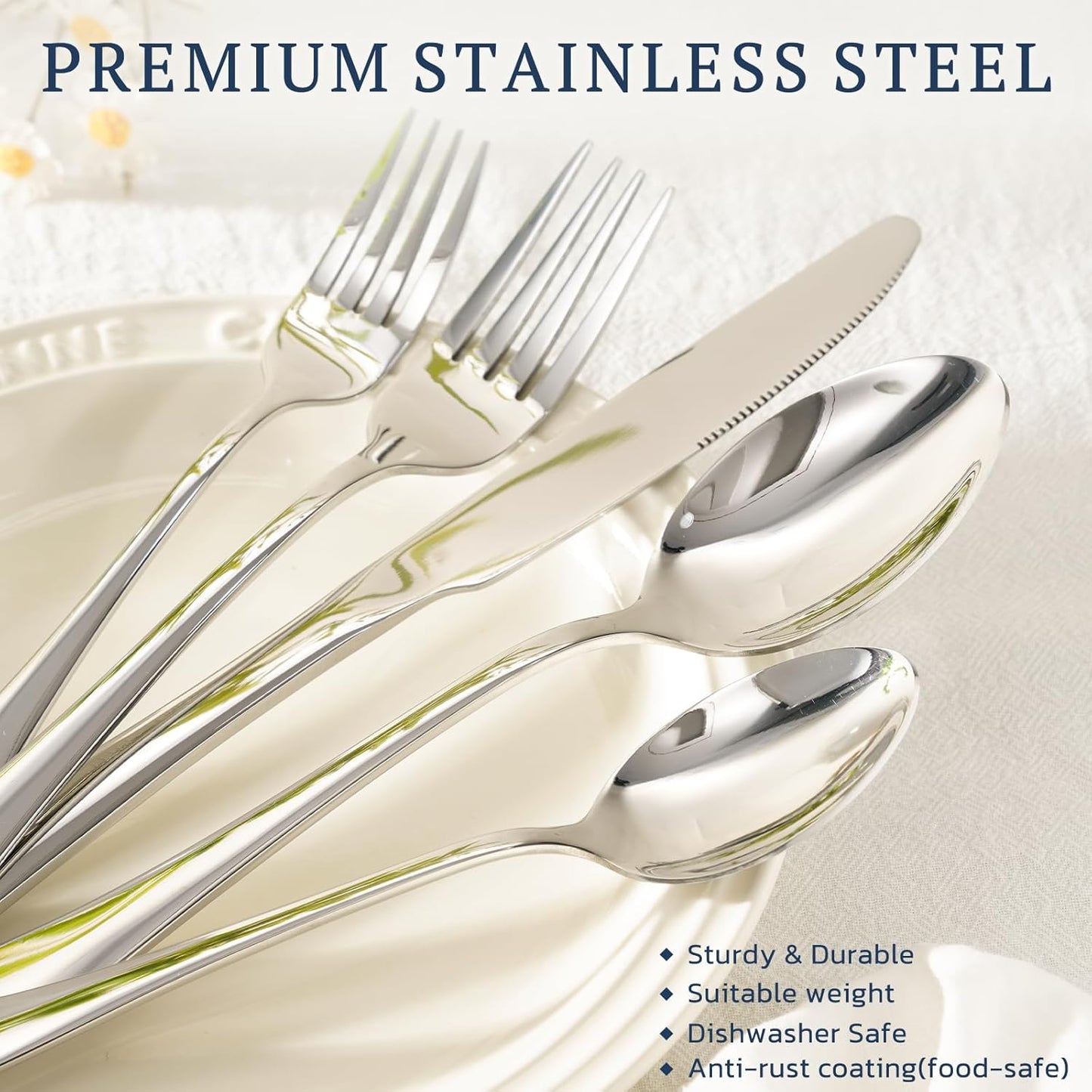Astercook Silverware Set with Steak Knives 24-Piece Flatware Set for 4 Food-Grade Stainless Steel Cutlery Set Mirror Polished Utensils Set Include Spoons and Forks for Home Kitchen Restaurant