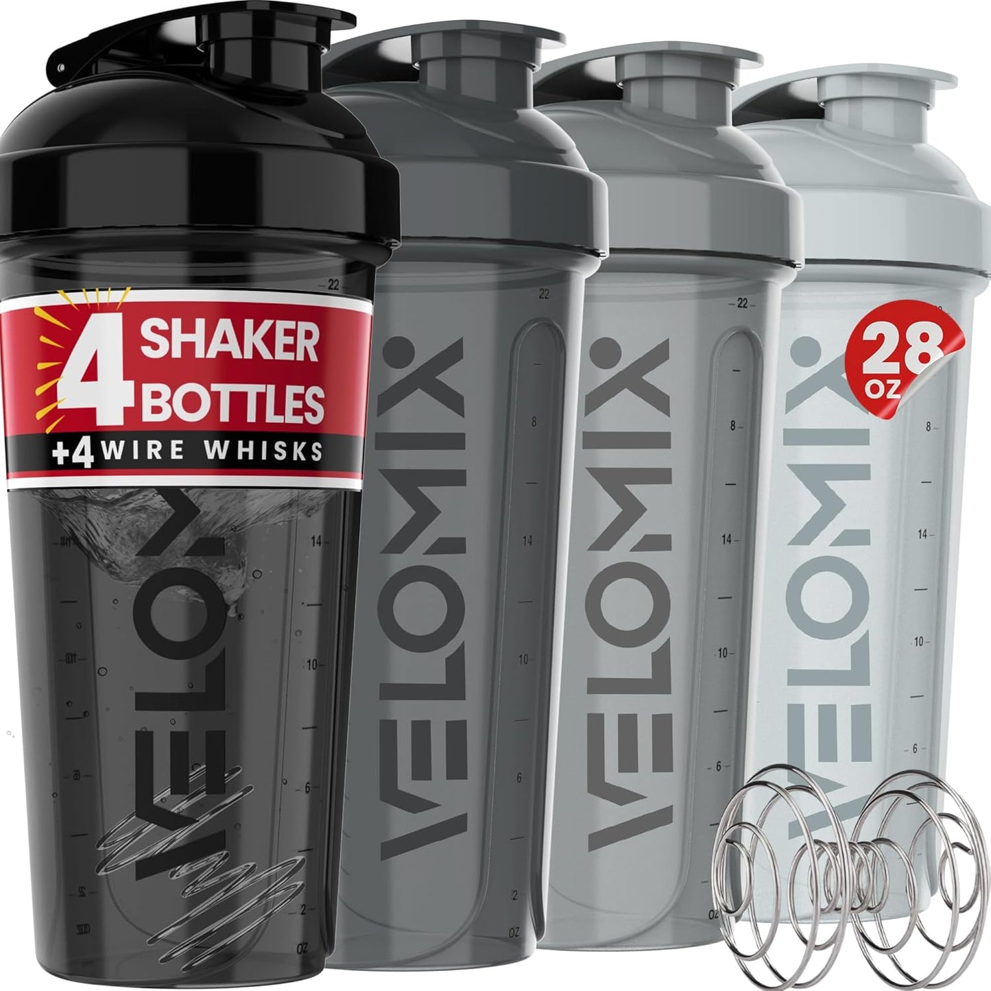 VELOMIX 28oz Protein Shaker Bottles - 4 Pack, Leak Proof