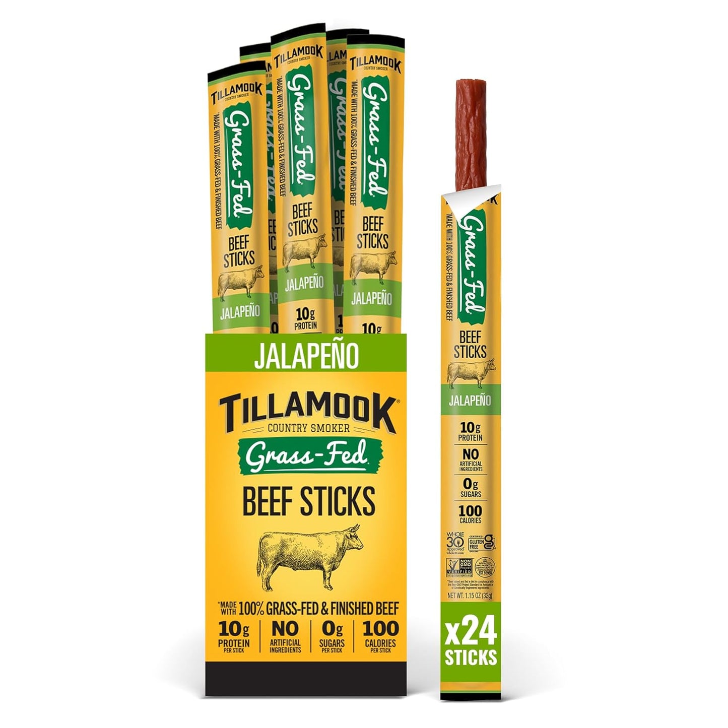 Tillamook Country Smoker 100% Grass Fed Beef Sticks, 8 Pack, 1.15 Ounce, Non-GMO, Gluten Free, High Protein Snack