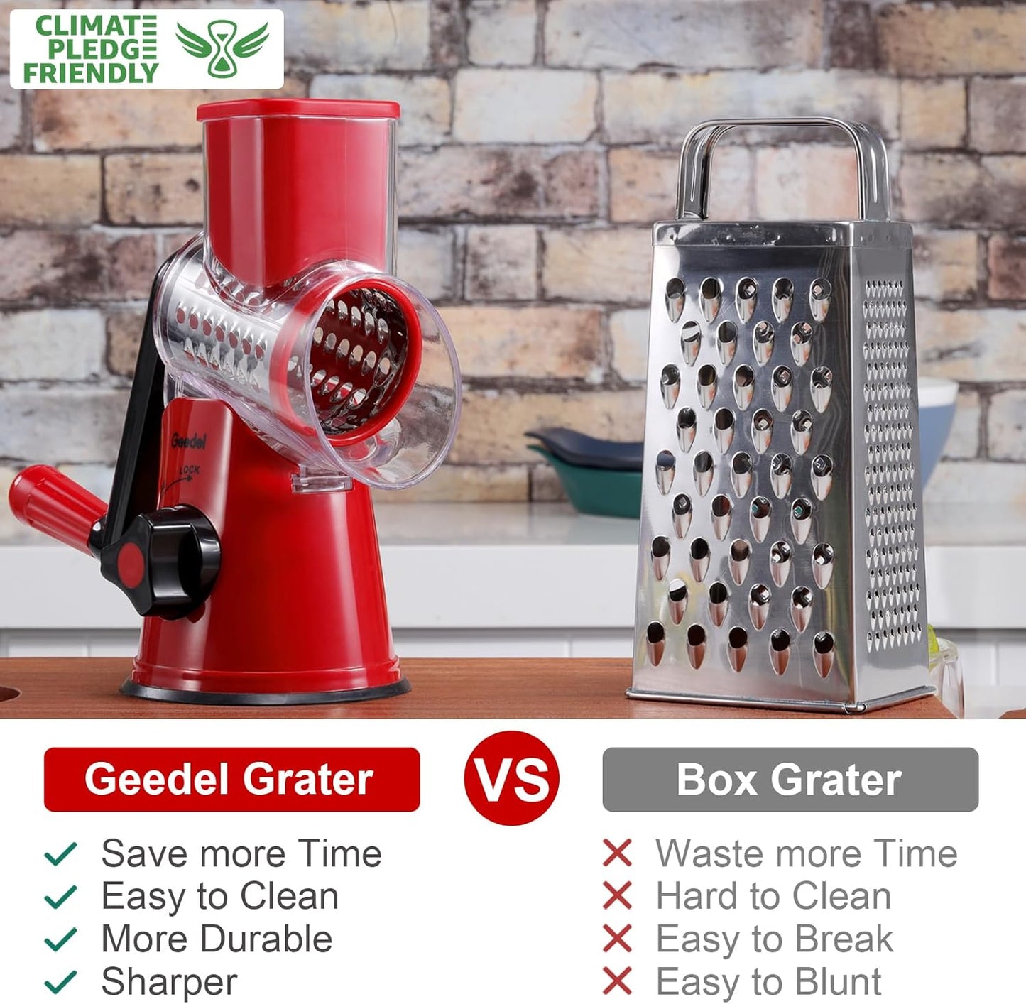 Geedel Rotary Cheese Grater Hand Crank, Cheese Shredder Vegetable Slicer | 3 Blades, 430 Stainless Steel, 12x Fast Cutting, Strong Suction Base, No BPA, Dishwasher Safe, for Cheese, Veggie, Nut
