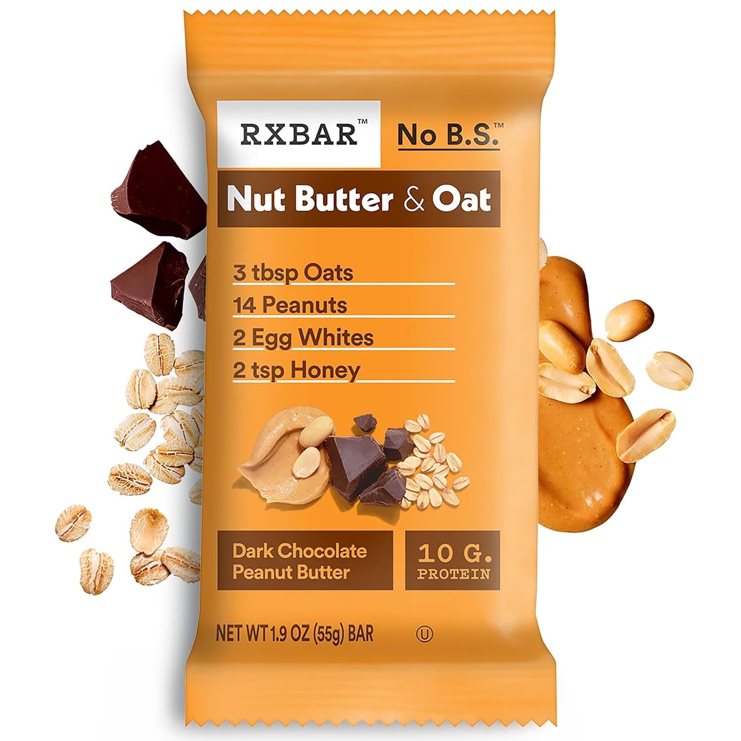 RXBAR Nut Butter and Oat Protein Bars, 12 Count, Dark Chocolate Peanut Butter, 23.2oz Box