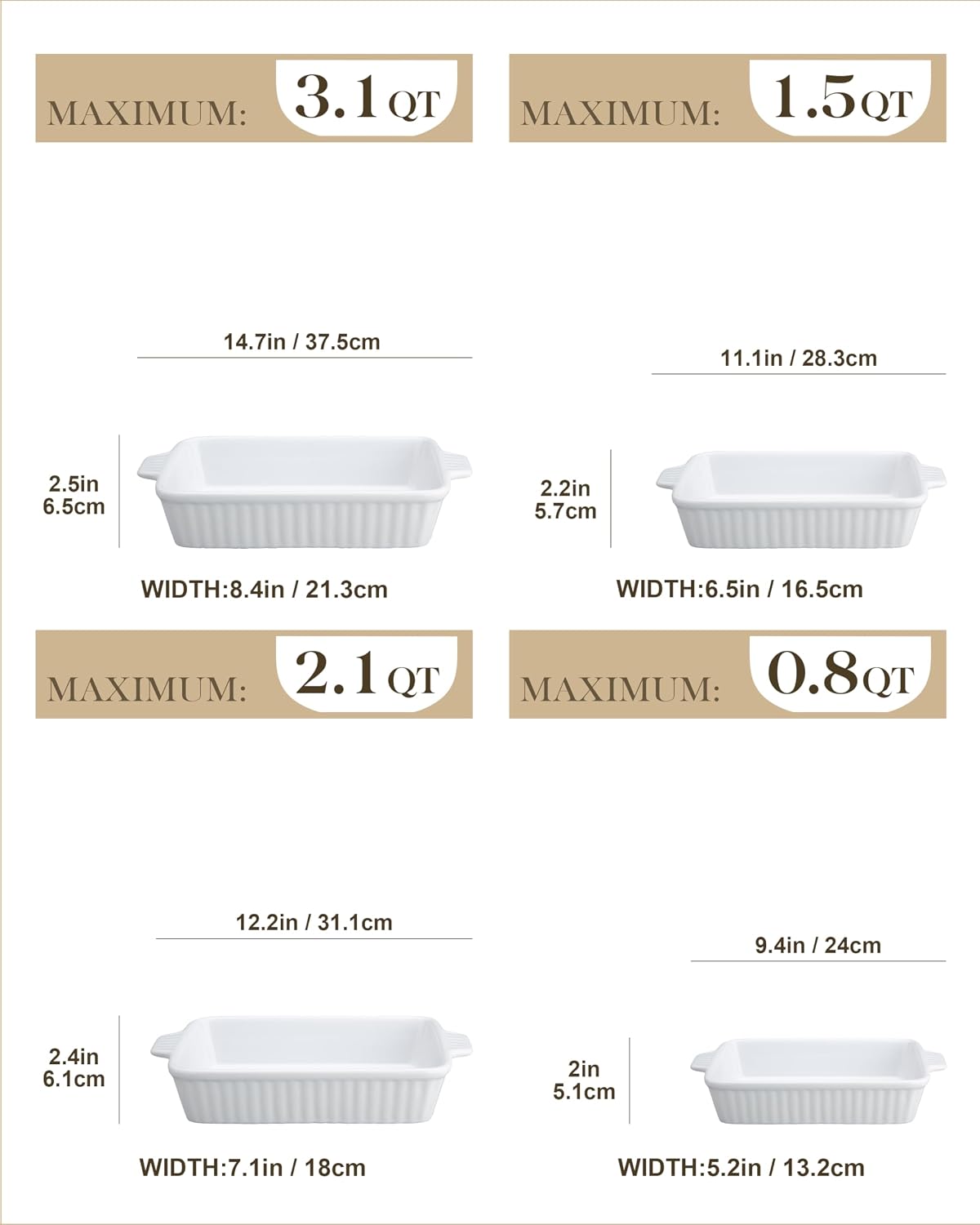 MALACASA Casserole Dishes for Oven, Ceramic Baking Dishes Set of 4, White | Rectangular Deep Lasagna Pans with Handles for Roasting Vegetable, Cake, Durable Bakeware, Wedding Gift(9.4/11.1/12.2/14.7")