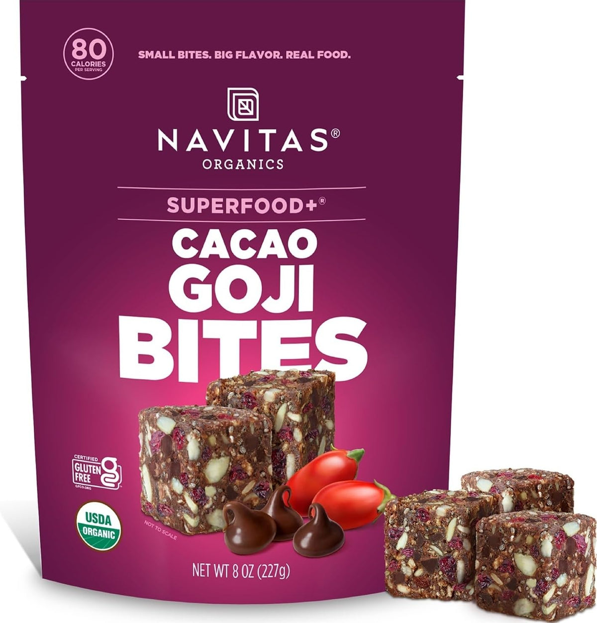 Navitas Organics Cacao Goji Superfood+ BITES are all natural plant-based power snacks with clean energy and nutrition.