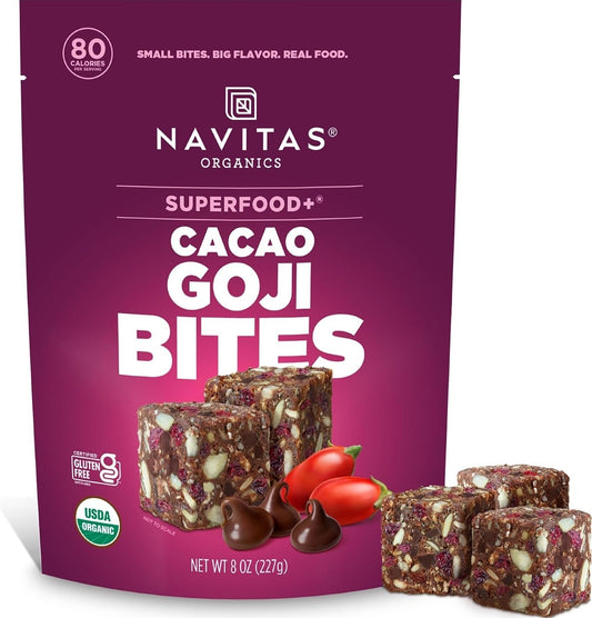 Navitas Organics Cacao Goji Superfood+ BITES are all natural plant-based power snacks with clean energy and nutrition.