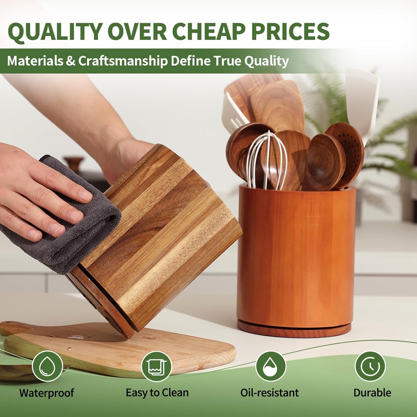 Acacia Wood Utensil Holder, 360° Rotating 7.3 in Kitchen Organizer | Rustic farmhouse countertop decor. Rotating base for easy access to spatulas, spoons, and cooking utensils. 7.3-inch capacity
