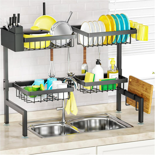 SNSLXH 4 Baskets 2-Tier Over The Sink Dish Drying Rack, 26.57"-35" | Large Dish Drying Rack for Kitchen, Extensible and Adjustable, Saving Kitchen Space