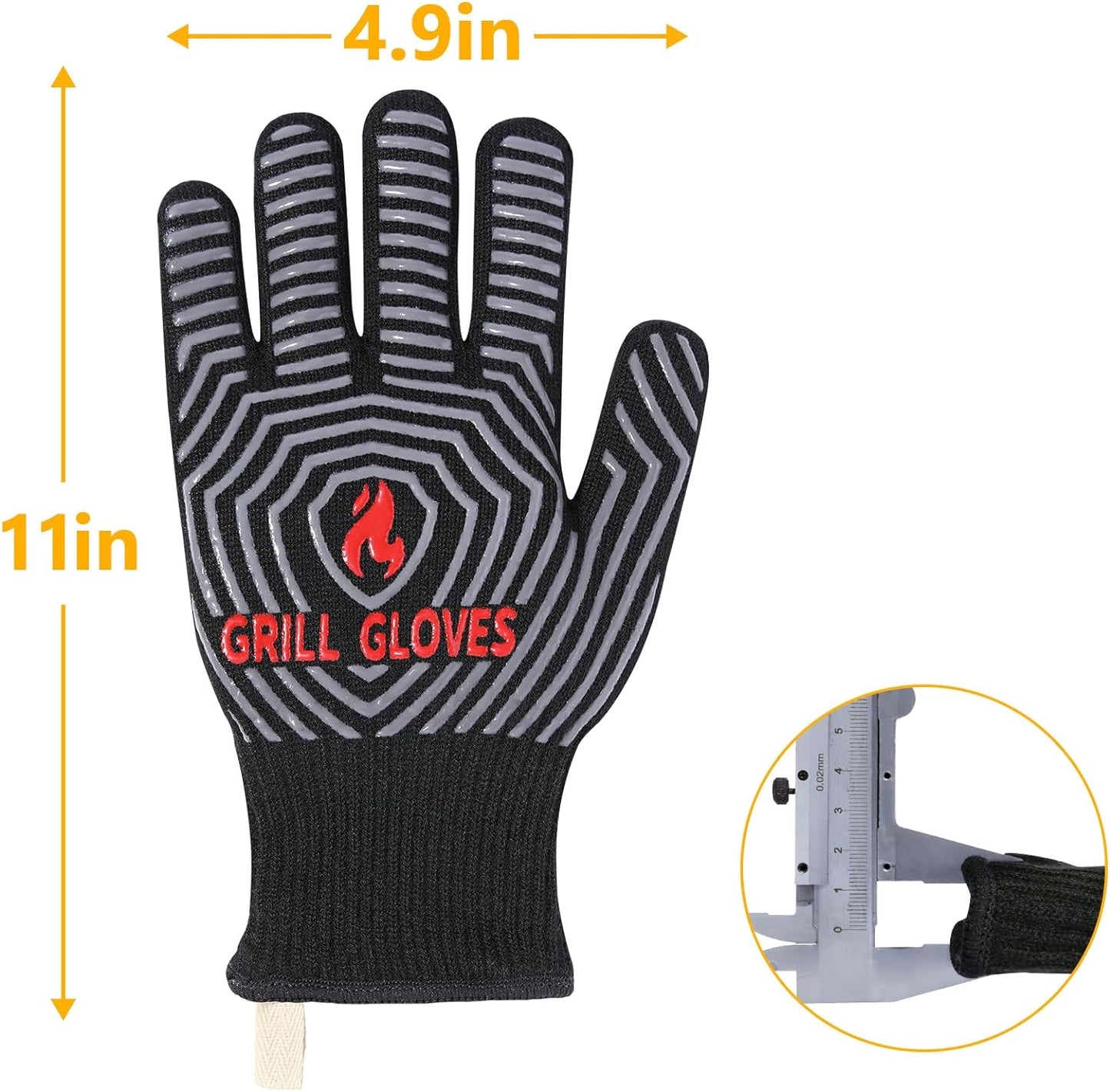 QUWIN BBQ Gloves, 1472°F Heat Resistant Grilling Gloves Silicone Non-Slip Oven Mitts, Kitchen Gloves for BBQ, Grilling, Cooking, Baking(One Size Fits Most, Black)- 1 Pair