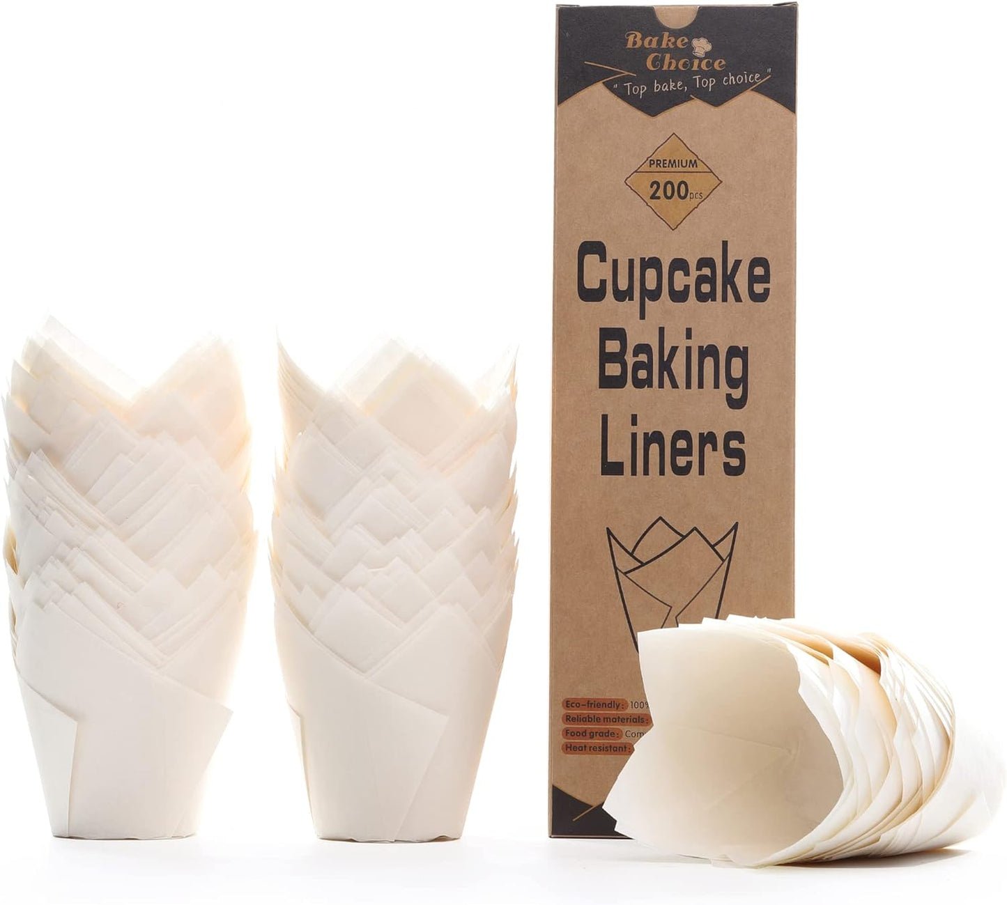 Bake Choice 200pcs Natural Tulip Cupcake Liners for Baking Muffin Liners | Unbleached European Parchment Paper, Heat-resistant, Greaseproof, Cupcake Wrapper for Party, Christmas, Gift