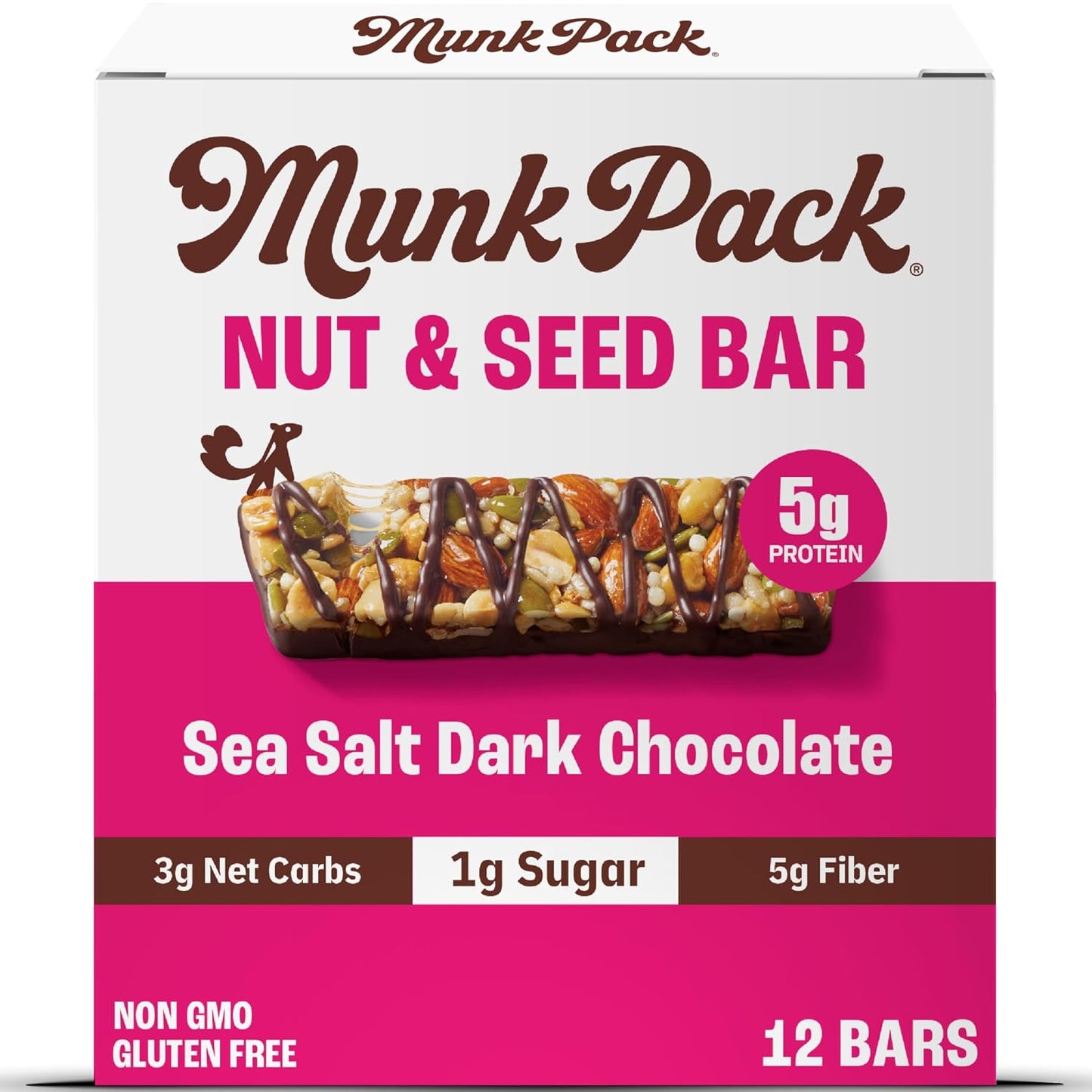Munk Pack Fiber Nut Bars, Sea Salt Dark Chocolate, Gluten Free, 5g Fiber, 3g Net Carb, 24 Count