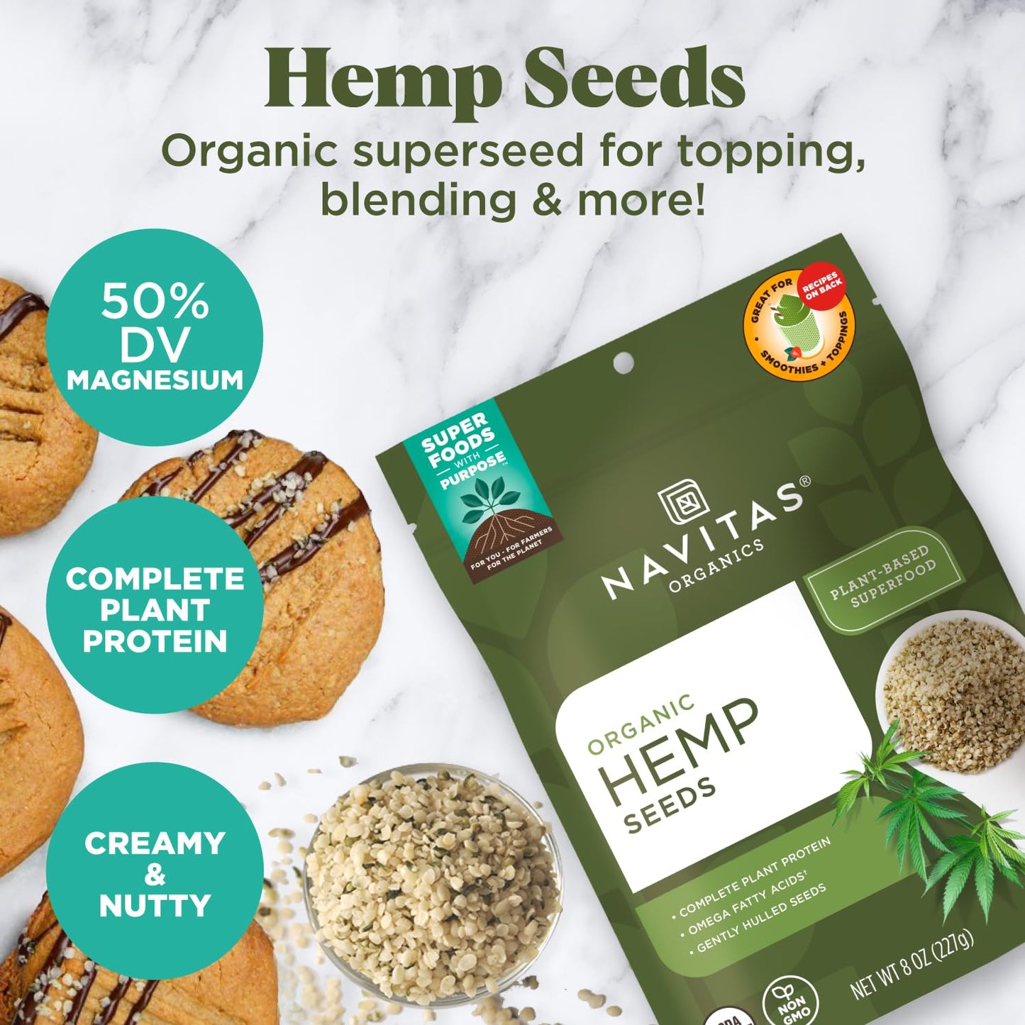 Navitas Organics Hemp Seeds – For Smoothies, Salads, Dips, Baked Goods & More – Essential Fatty Acids, Protein & Minerals – USDA Organic, Non GMO, Gluten Free, Kosher, Vegan (8oz. Bag 8 Servings)