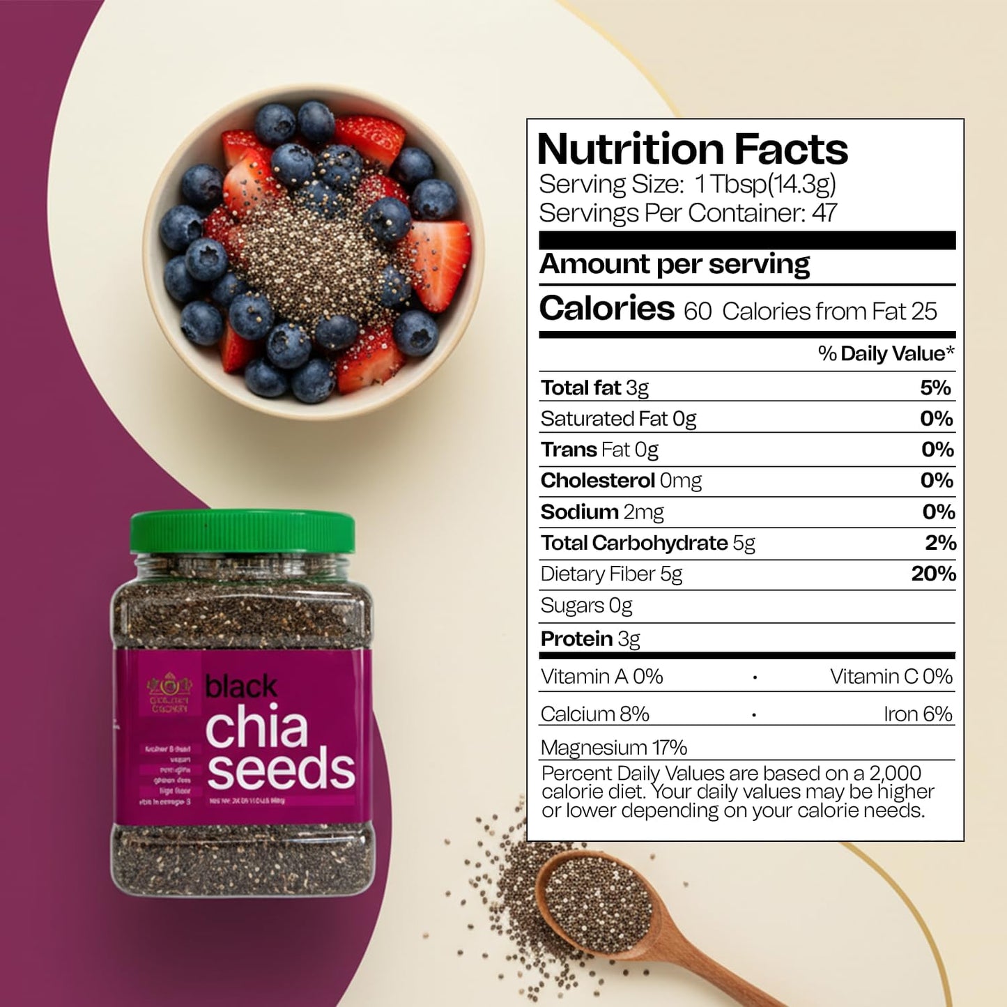 Golden Crown Black Chia Seeds- Gluten-Free Superfood | Rich in Omega-3 & Fiber | Keto Friendly Chia Seeds | Perfect For Chia Pudding, Smoothies, Salads, Baking & More, 24 Oz (1.5 Lb)