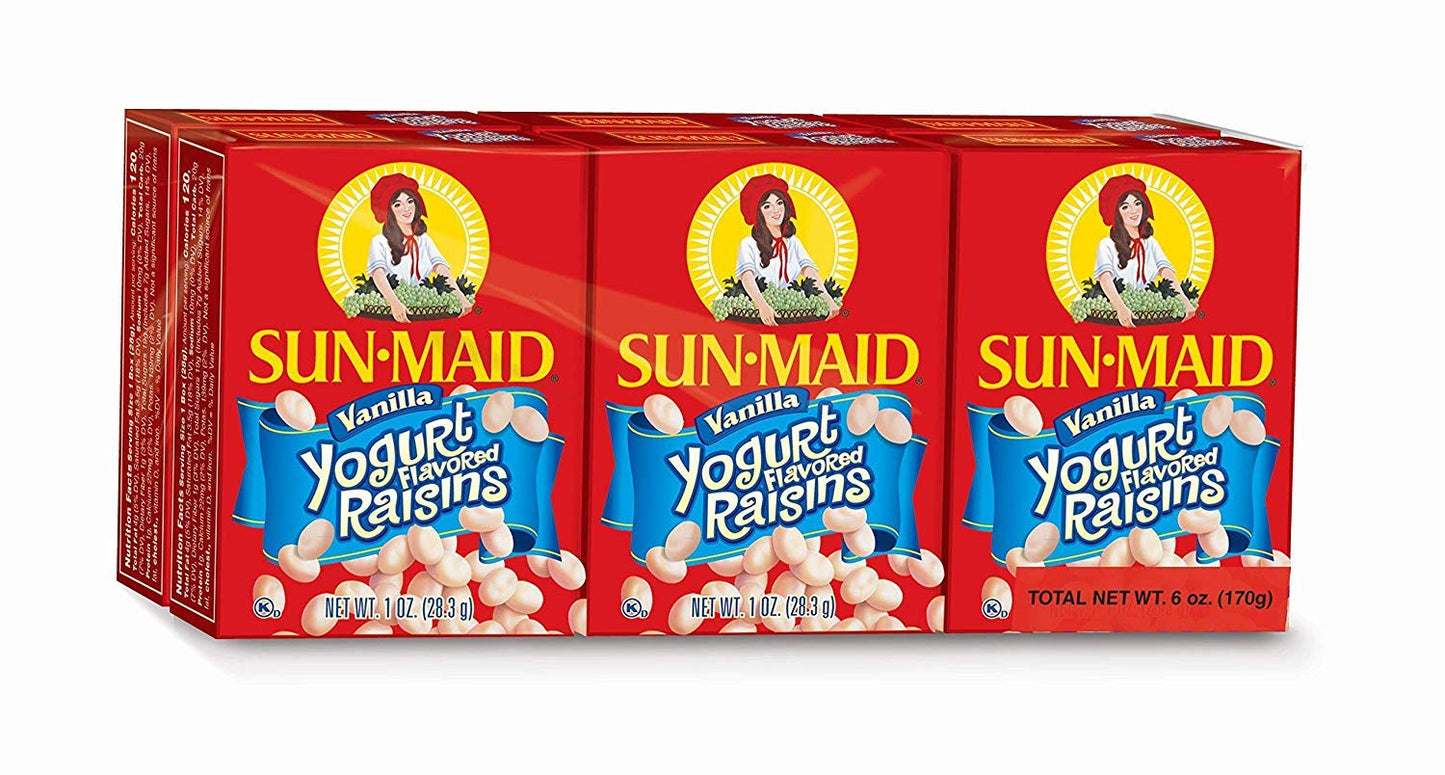 Sun-Maid vanilla yogurt coated raisins (6 pack) 1 oz snack-size boxes for lunch and back to school