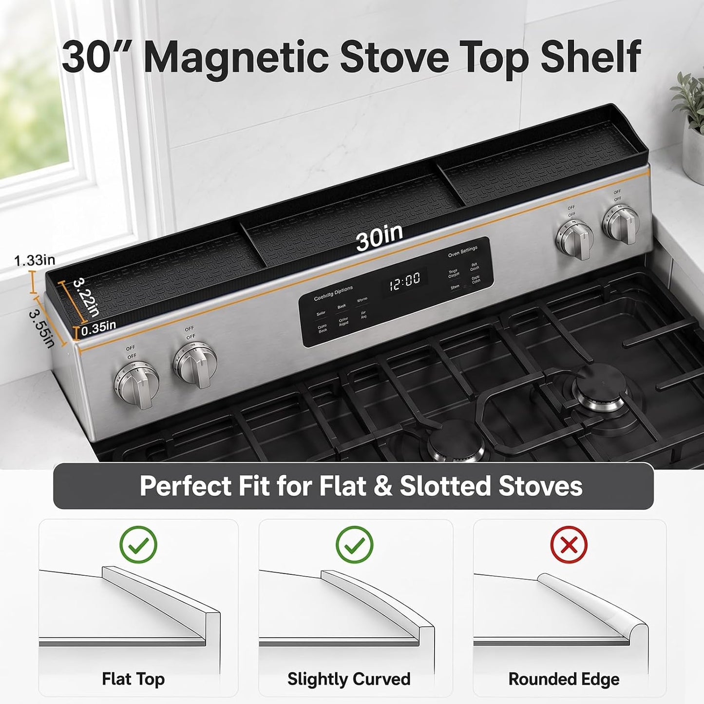 30" Magnetic Stove Top Shelf, Silicone Over the Stove Spice Rack Organizer | Heat Resistant Silicone, Anti-Rattle No-Scratch Range Shelf, 3 Functional Partitions Kitchen Storage for Spices