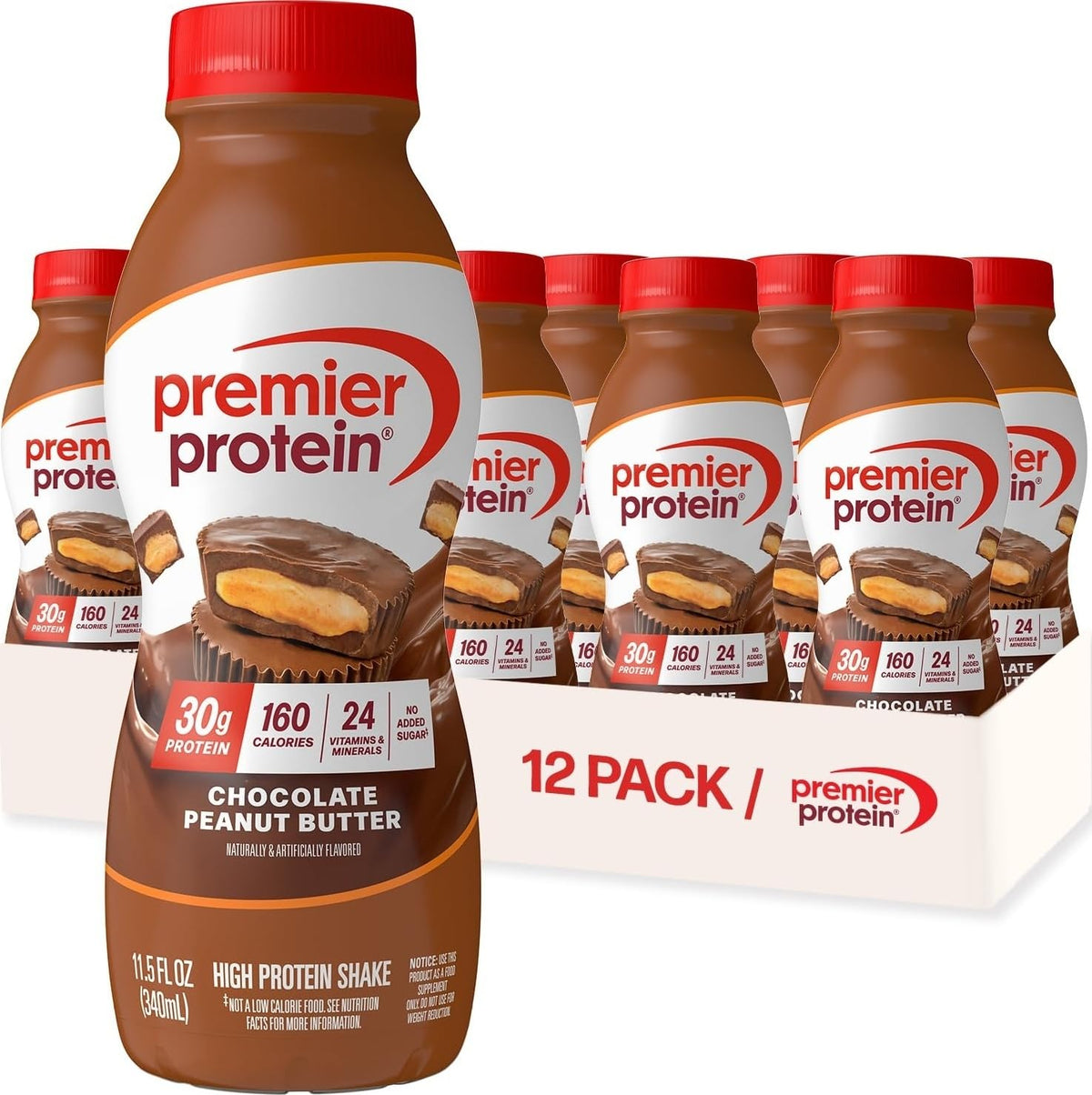 Premier Protein Shake, Chocolate Peanut Butter, 30g Protein, No Added Sugar, 24 Vitamins & Minerals to Support Immune Health, 11.5 fl oz, 12 Pack