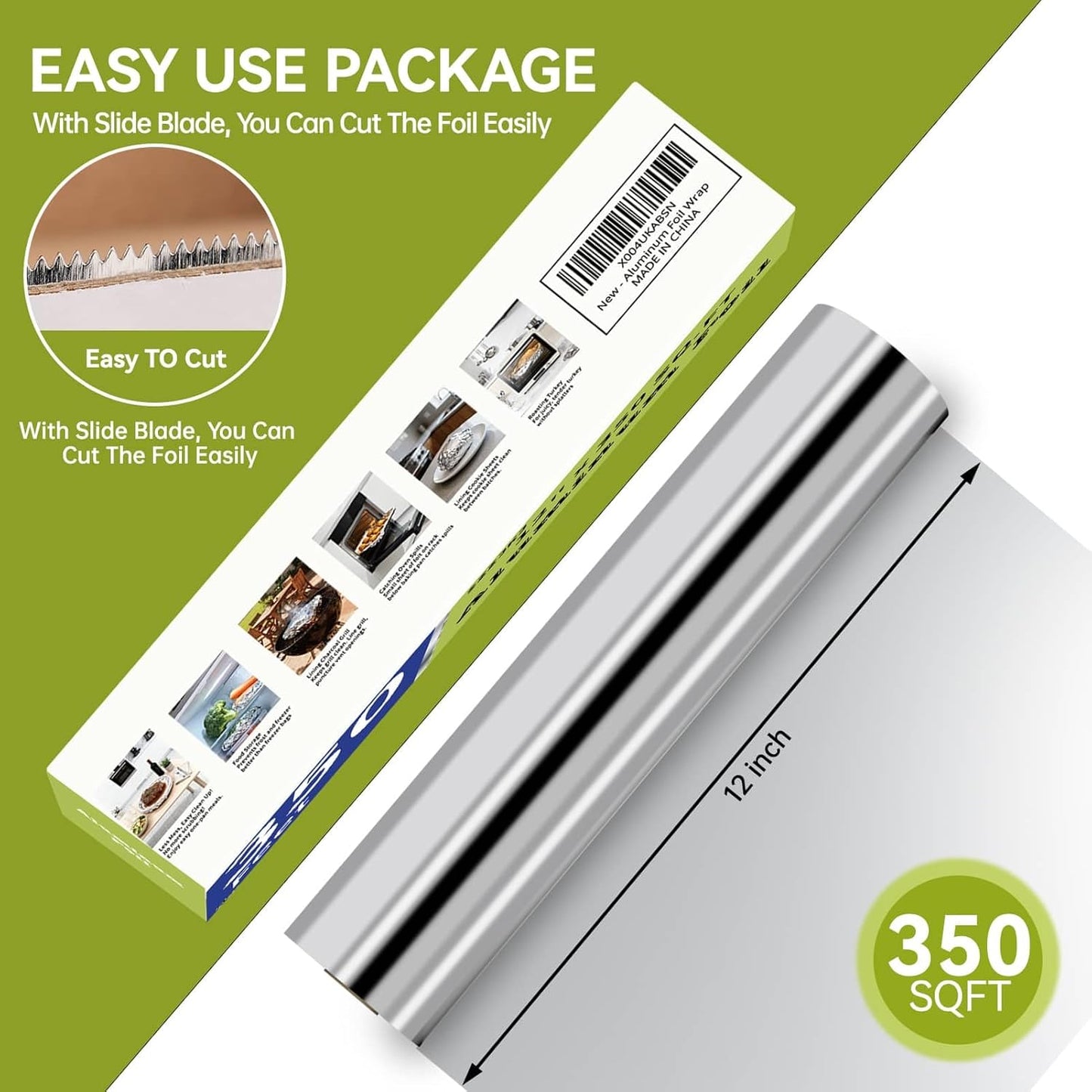 Aluminum Foil Roll, 12in x 350Sq Ft Aluminum Foil, Thick Strong Tin Foil with Cutter, Food Safe Cling Wrap for Cooking, Baking, Roasting, Grilling, Freezer Storage