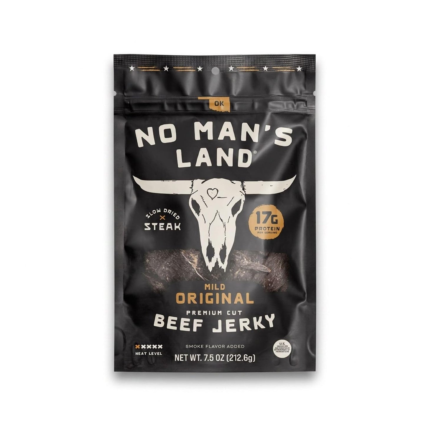 No Mans Land Slow-Dried Beef Jerky, Smoked & Seasoned Jerky Strips, High Protein, Low Carb Beef Snack, Gluten Free